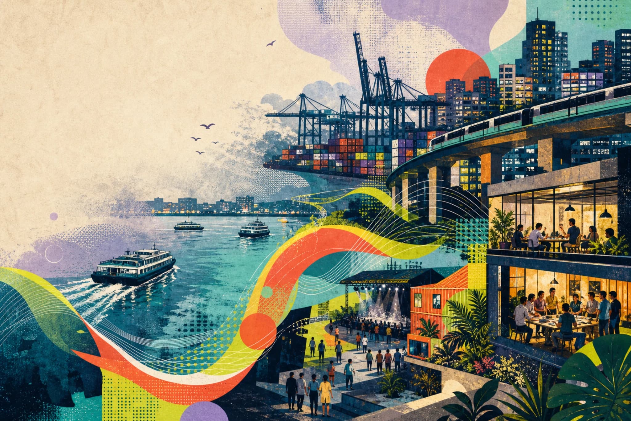 Kochi Buzz city-frequency illustration of the waterfront, port, metro and creative communities
